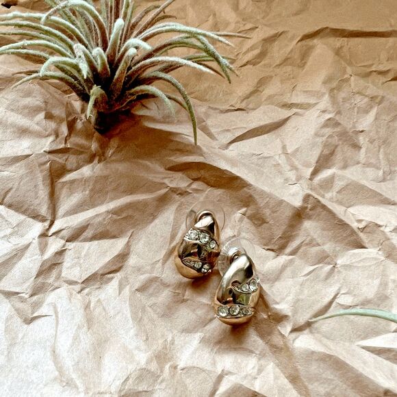 vtg 80s sparkle statement earrings rhinestone encrusted goldtone french baguette - Picture 1 of 6